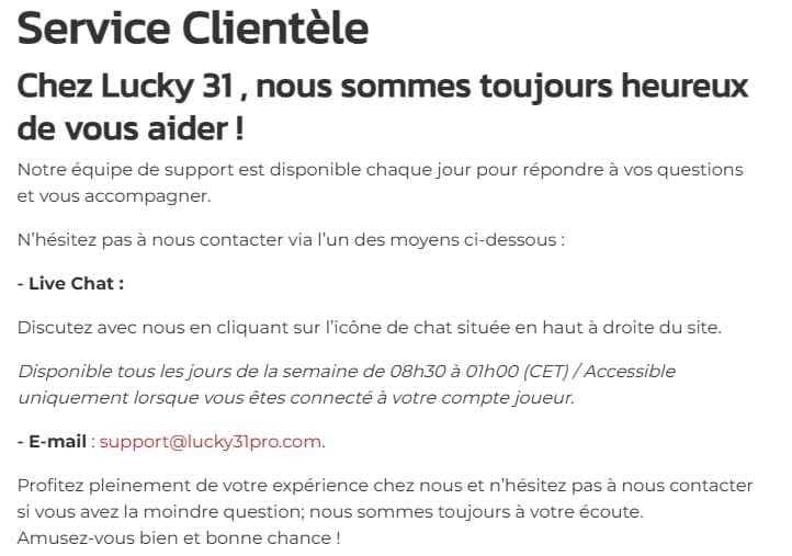 Lucky 31 Casino support client
